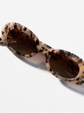 Anthropologie Tortoiseshell Oval Sunglasses with Crystal Studs - Brown